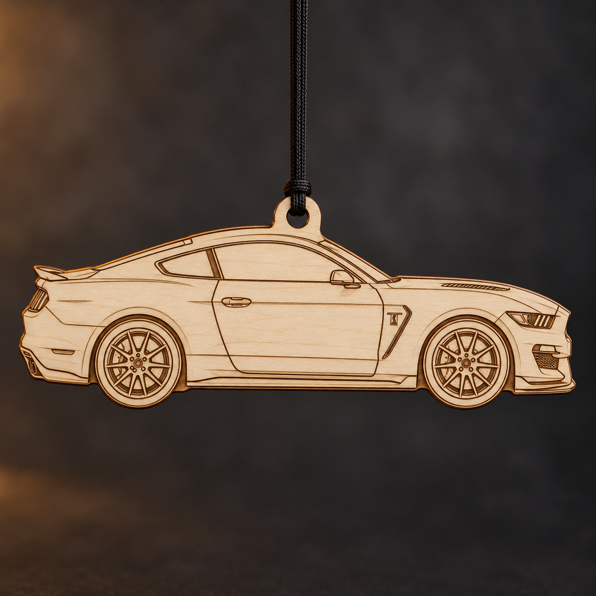 2016–2018 Ford Mustang Shelby GT350 Coupe flat Birch Ply ornament with brown laser-engraved outlines