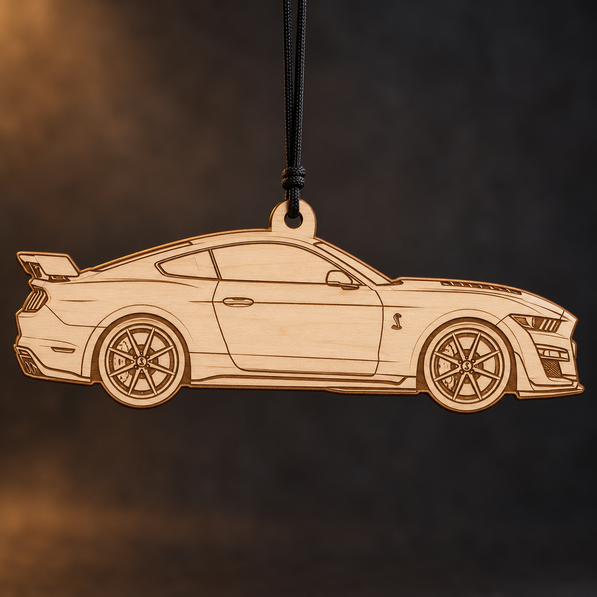 2020–2022 Ford Mustang Shelby GT500 Coupe flat Birch Ply ornament with brown laser-engraved outlines