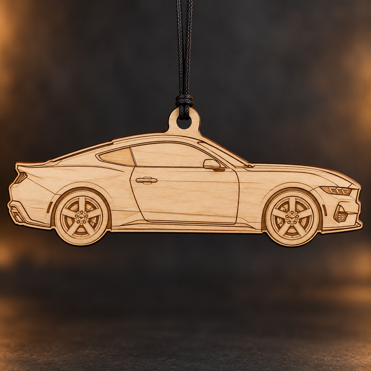 2024 Ford Mustang Coupe flat Birch Ply ornament with brown laser-engraved outlines