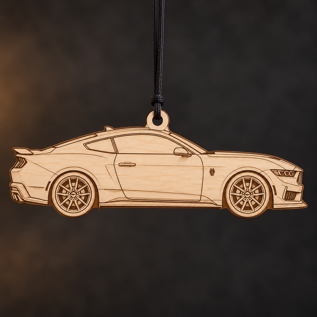 2024–2026 Ford Mustang Dark Horse Coupe flat Birch Ply ornament with brown laser-engraved outlines
