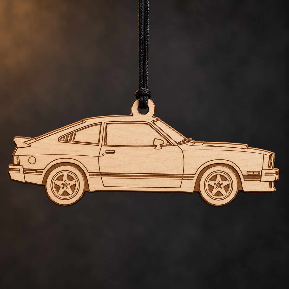 1976–1978 Ford Mustang II Cobra II Hatchback flat Birch Ply ornament with brown laser-engraved outlines