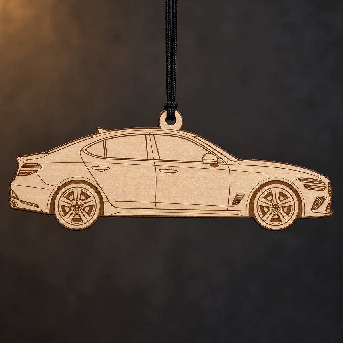 2022 Genesis G70 Sedan flat Birch Ply ornament with brown laser-engraved outlines