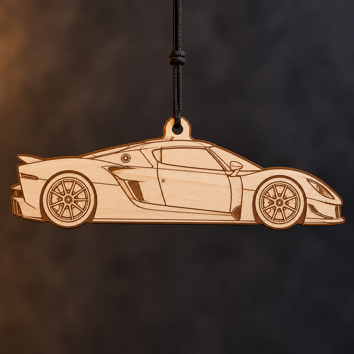 2025 Glickenhaus 004CS Coupe flat Birch Ply ornament with brown laser-engraved outlines