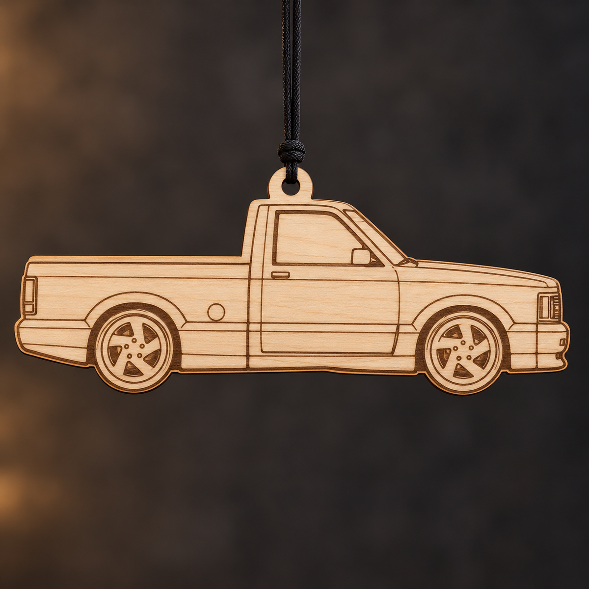 1991 GMC Syclone Pickup flat Birch Ply ornament with brown laser-engraved outlines