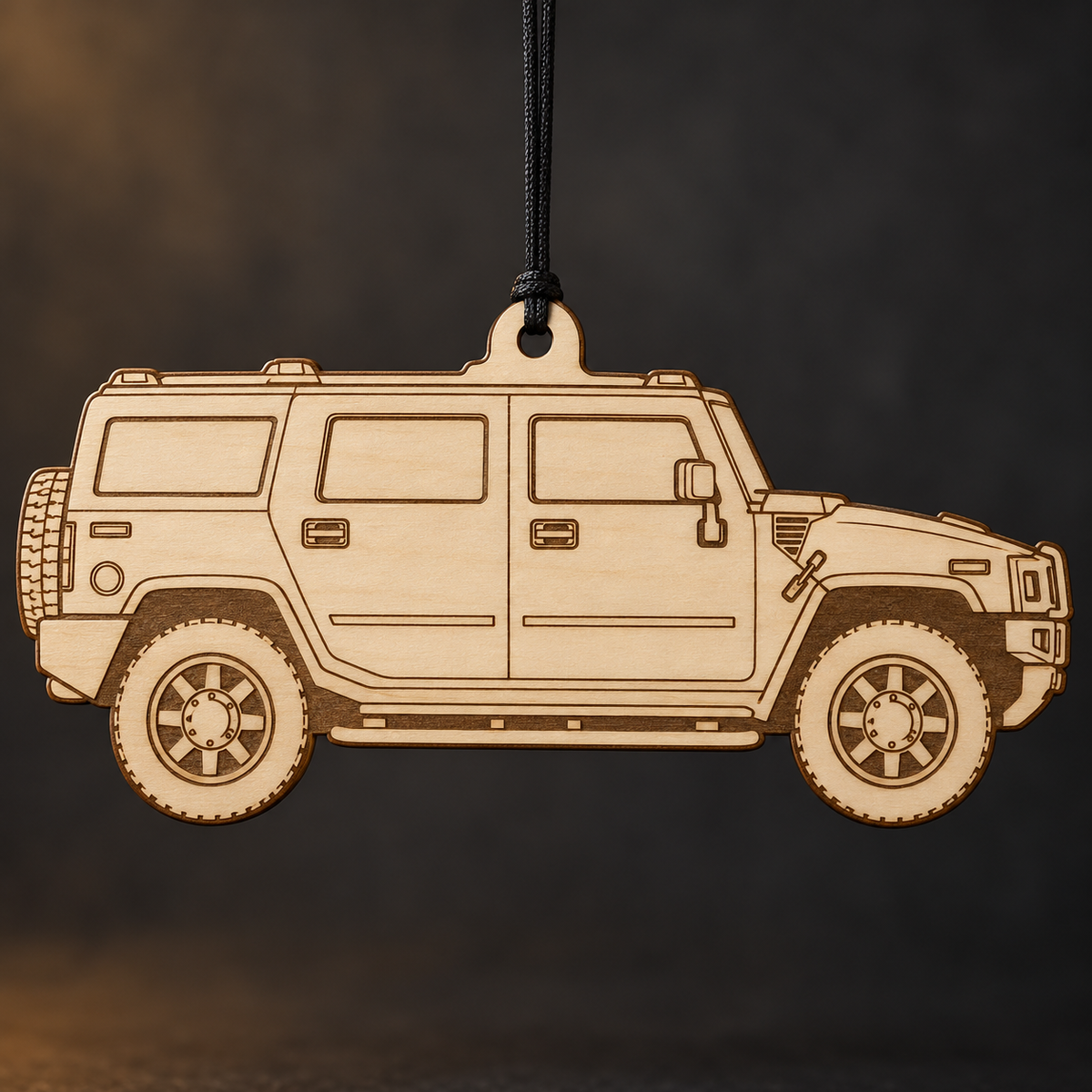 2005 Hummer H2 SUV flat Birch Ply ornament with brown laser-engraved outlines