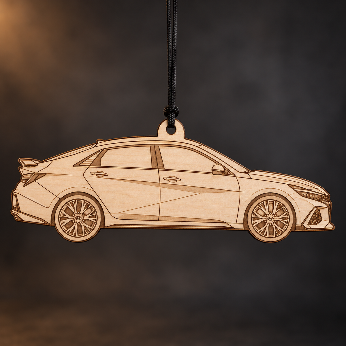 2023 Hyundai Elantra Sedan flat Birch Ply ornament with brown laser-engraved outlines