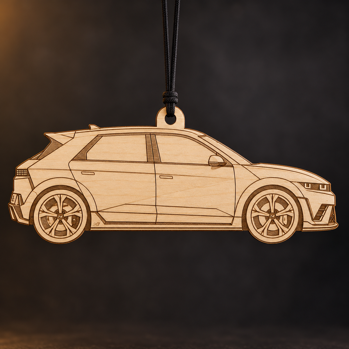 2025–2026 Hyundai IONIQ 5 N Hatchback flat Birch Ply ornament with brown laser-engraved outlines