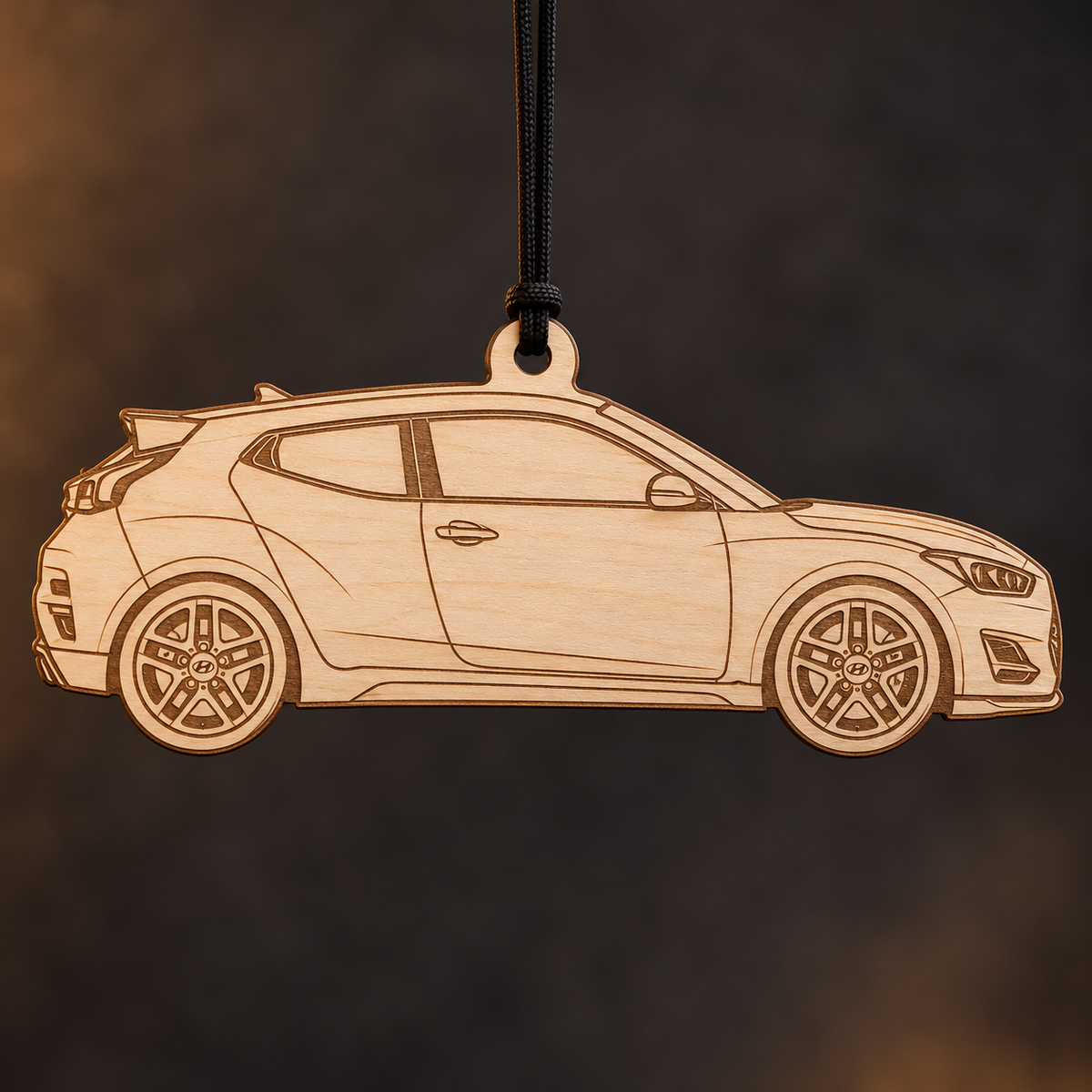 2020 Hyundai Veloster Hatchback flat Birch Ply ornament with brown laser-engraved outlines