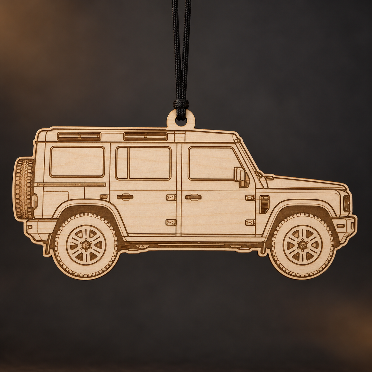 2024 INEOS Grenadier SUV flat Birch Ply ornament with brown laser-engraved outlines