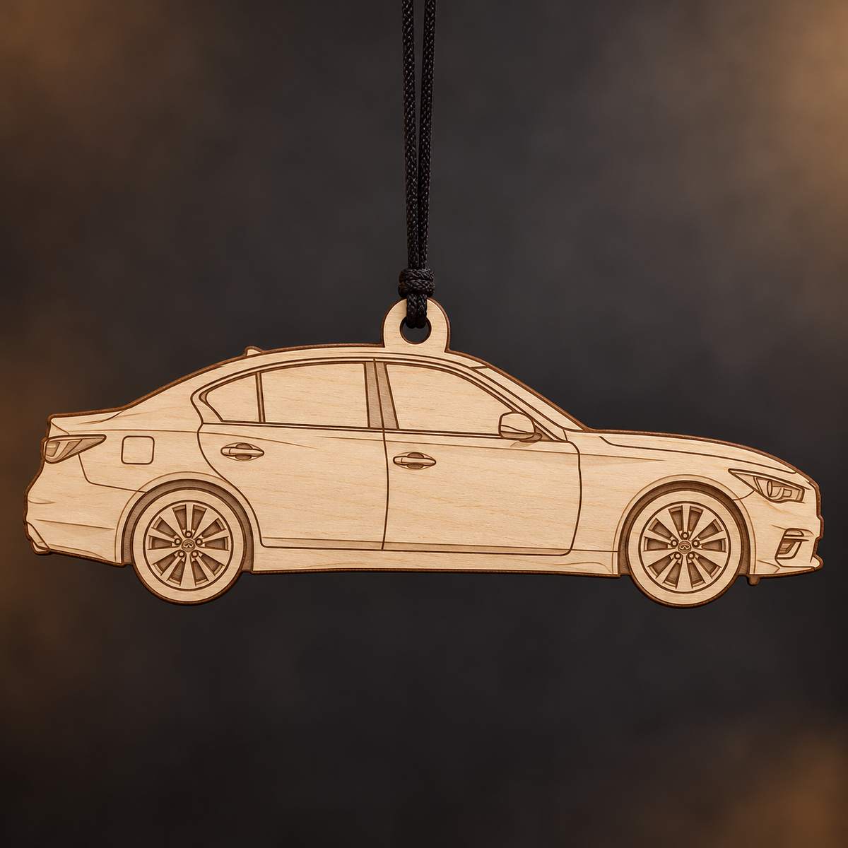 2018 Infiniti Q50 Sedan flat Birch Ply ornament with brown laser-engraved outlines