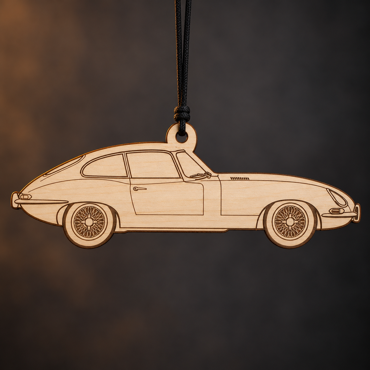1965 Jaguar E-Type Coupe flat Birch Ply ornament with brown laser-engraved outlines