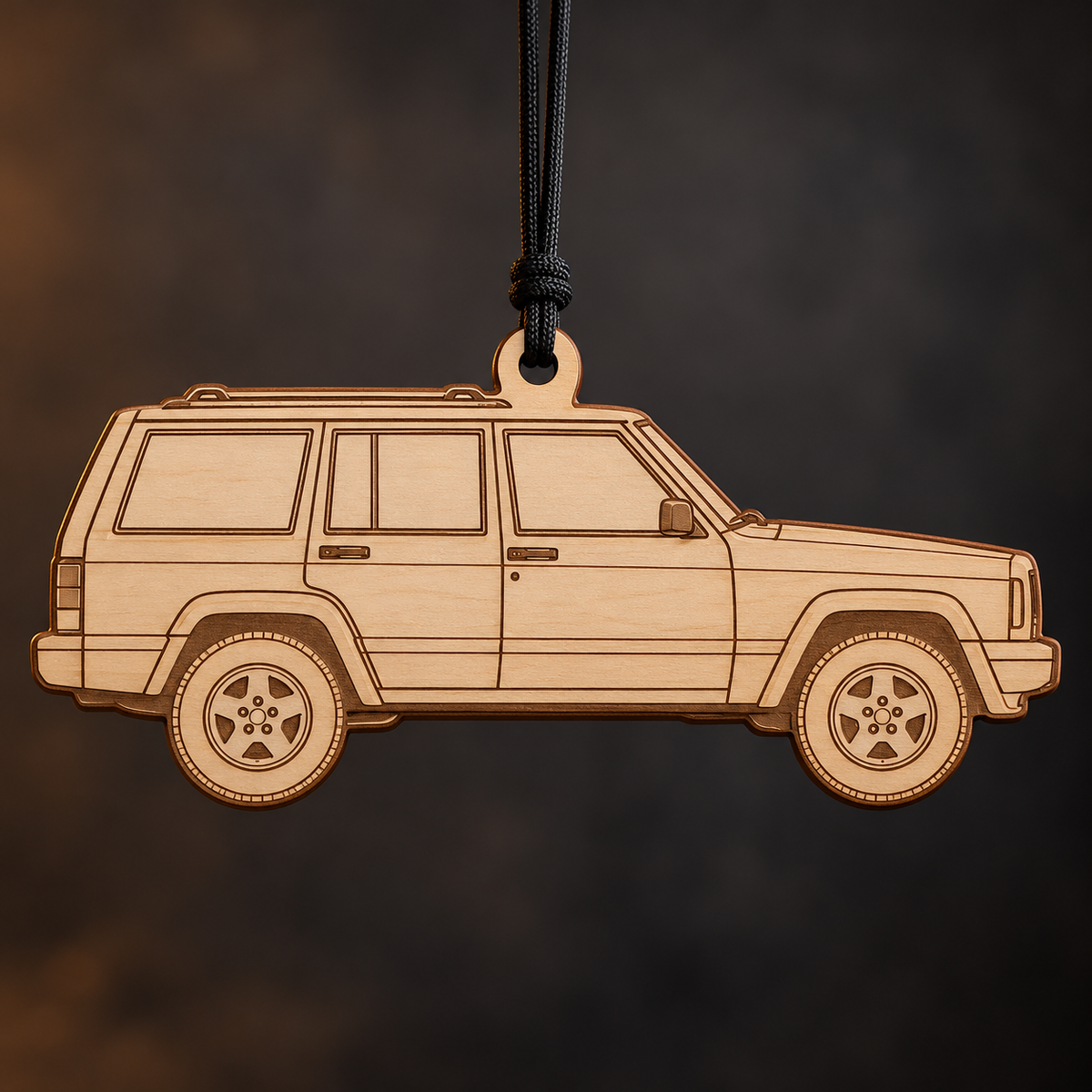 1999 Jeep Cherokee SUV flat Birch Ply ornament with brown laser-engraved outlines