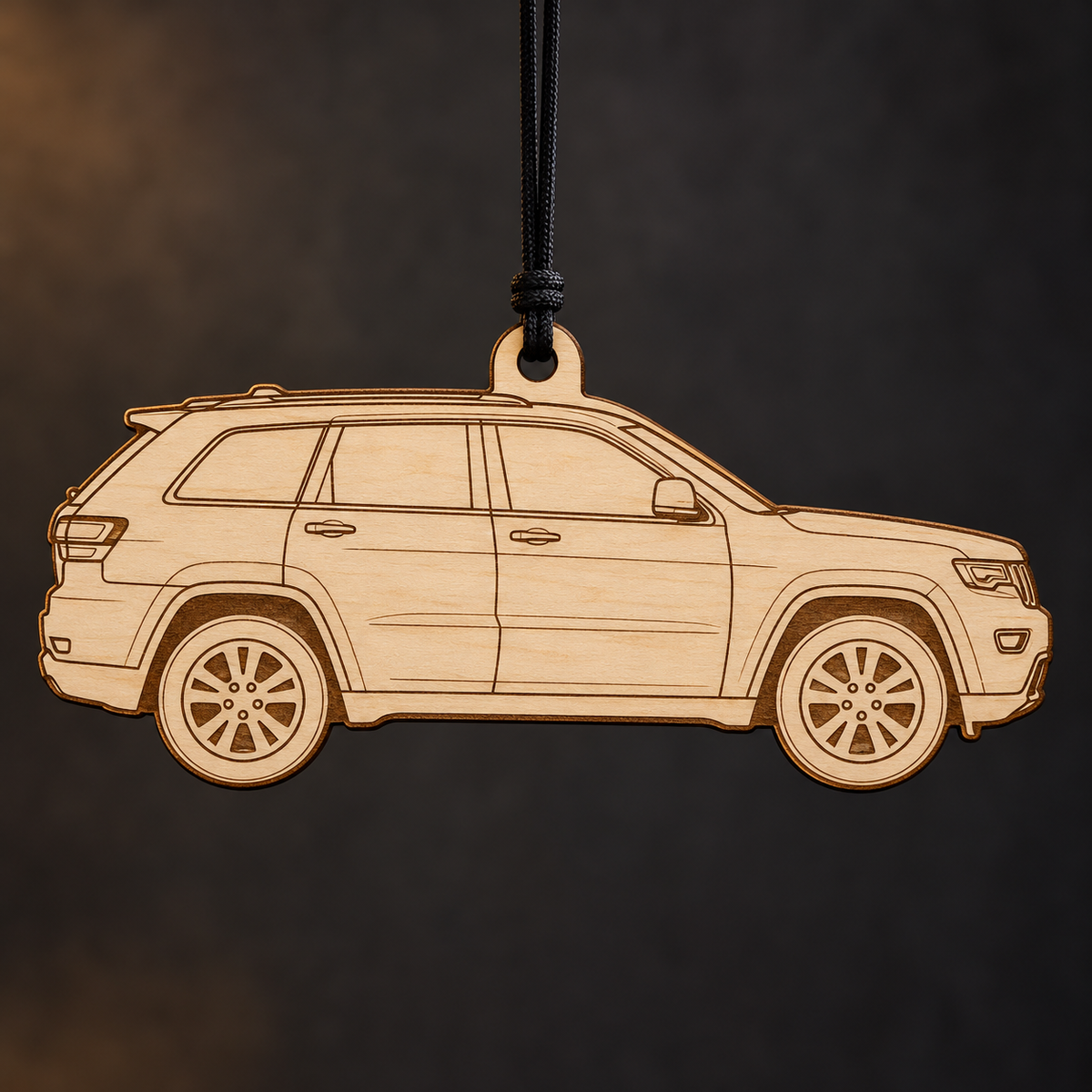 2018 Jeep Grand Cherokee SUV flat Birch Ply ornament with brown laser-engraved outlines