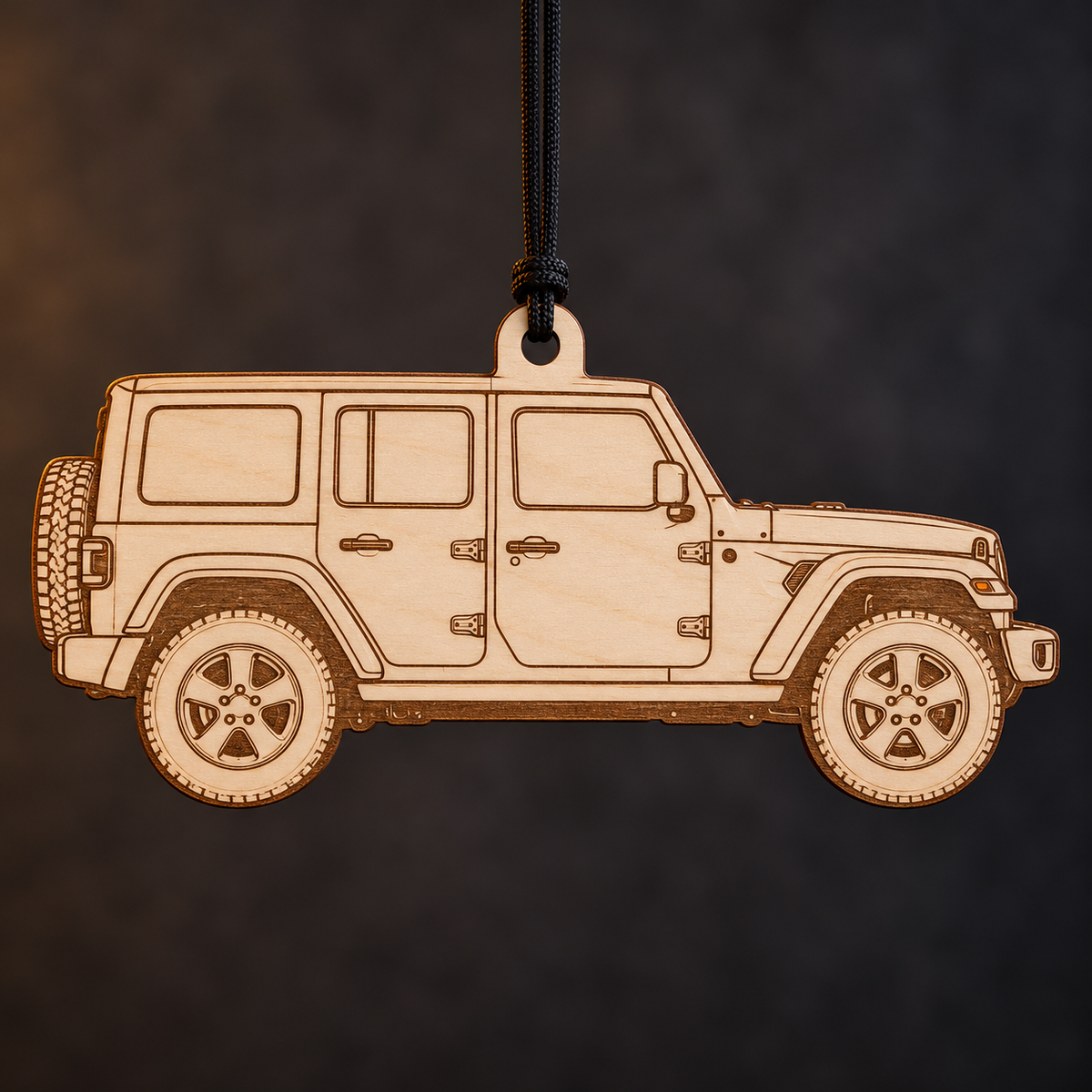2020 Jeep Wrangler SUV flat Birch Ply ornament with brown laser-engraved outlines