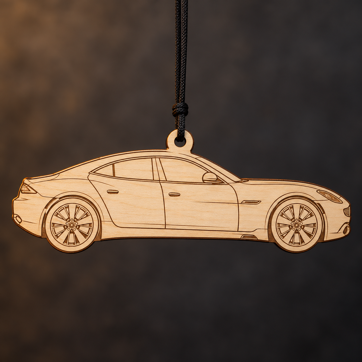 2018 Karma Revero Sedan flat Birch Ply ornament with brown laser-engraved outlines