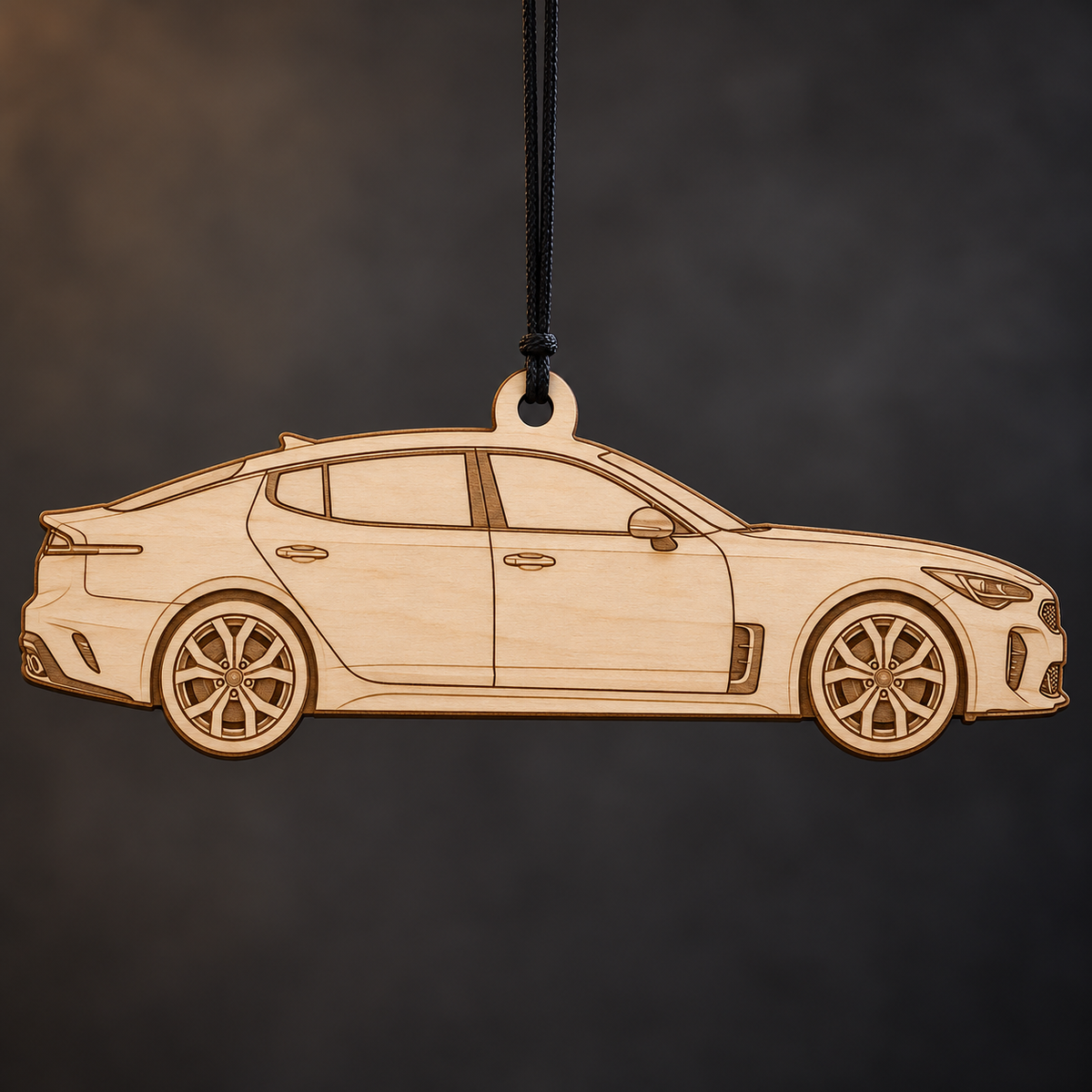 2022 Kia Stinger Fastback flat Birch Ply ornament with brown laser-engraved outlines