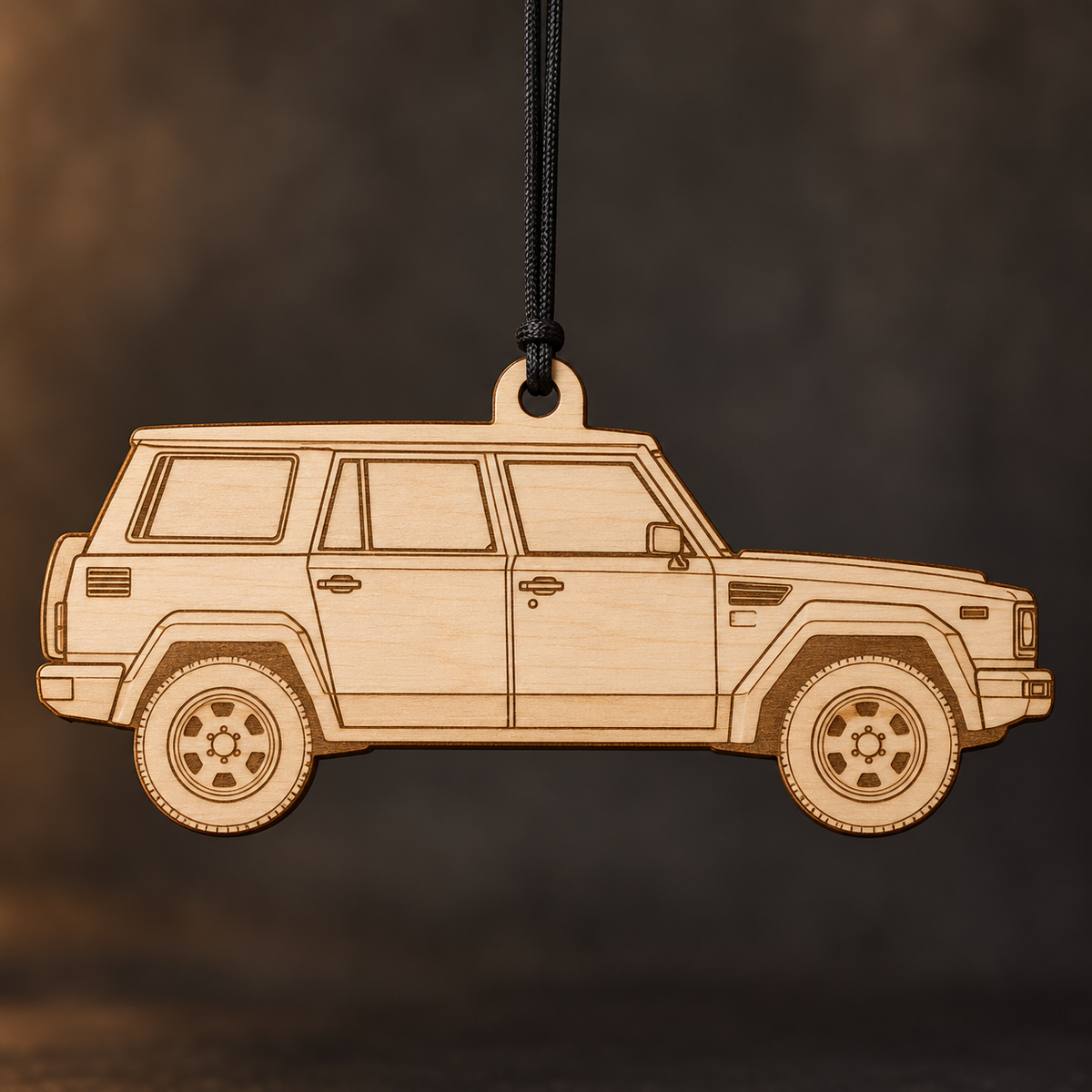 1989 Laforza SUV flat Birch Ply ornament with brown laser-engraved outlines
