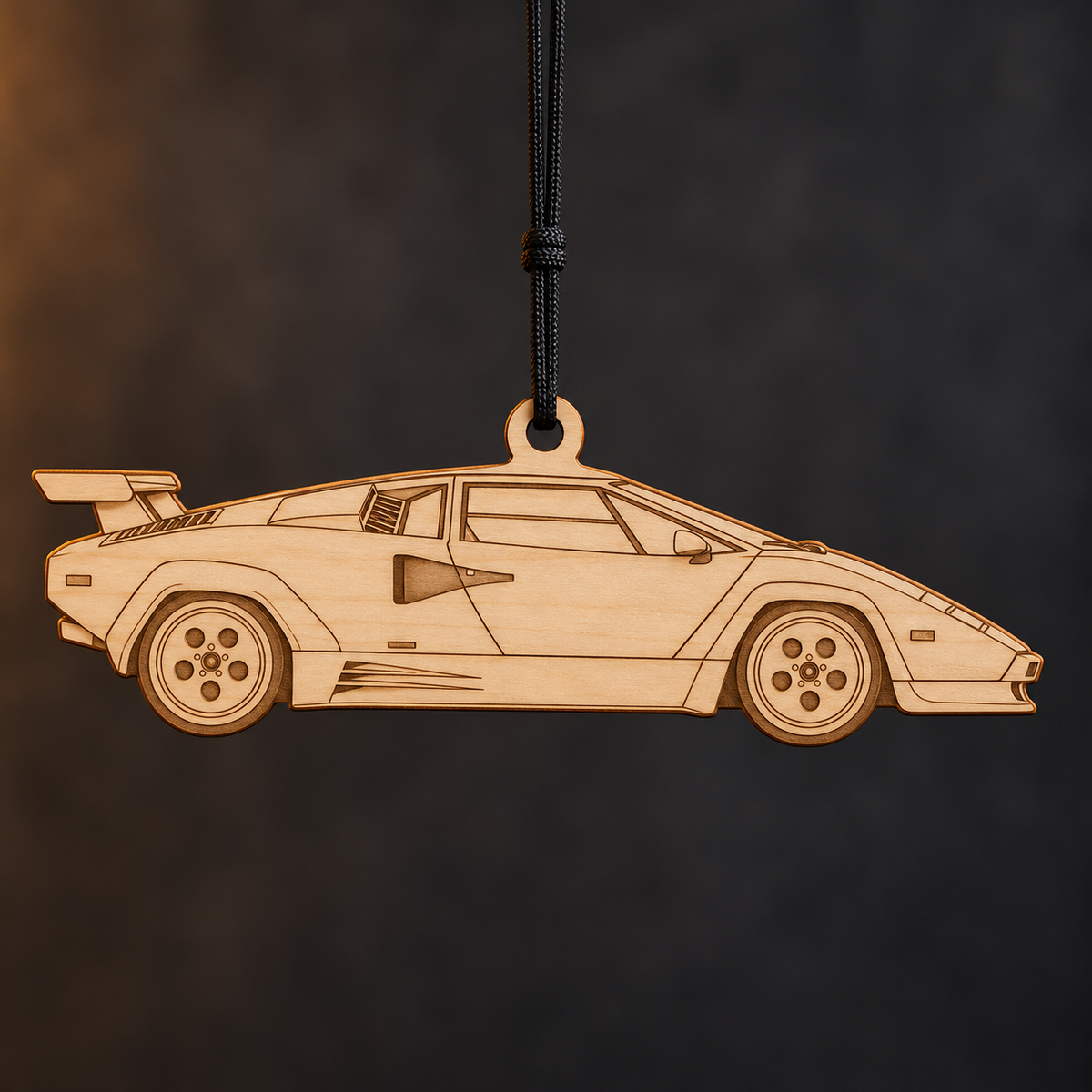 1988 Lamborghini Countach Coupe flat Birch Ply ornament with brown laser-engraved outlines