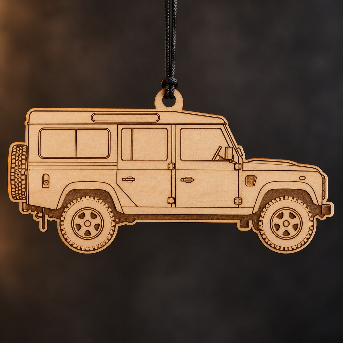 1993 Land Rover Defender SUV flat Birch Ply ornament with brown laser-engraved outlines
