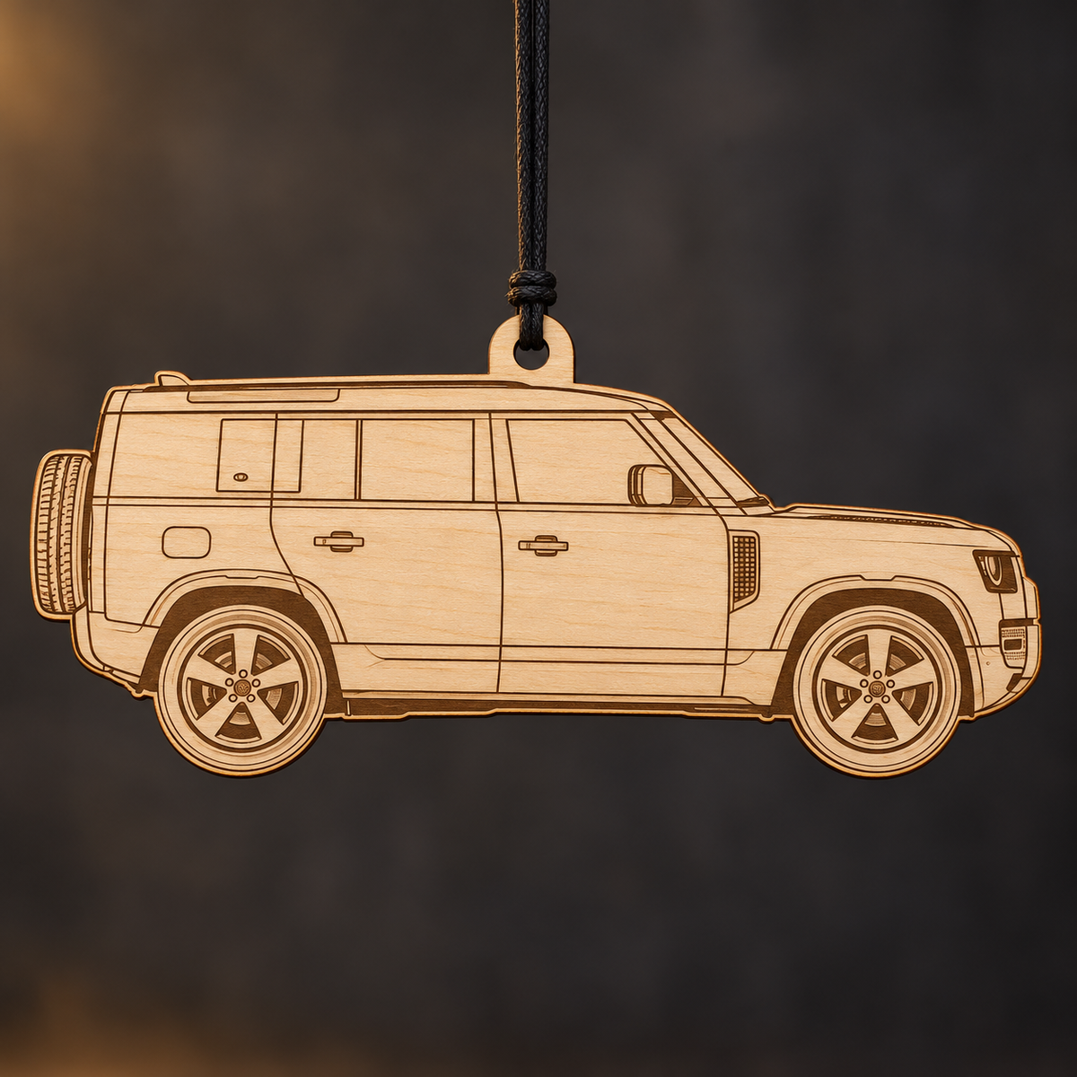 2020–2024 Land Rover Defender 110 SUV flat Birch Ply ornament with brown laser-engraved outlines