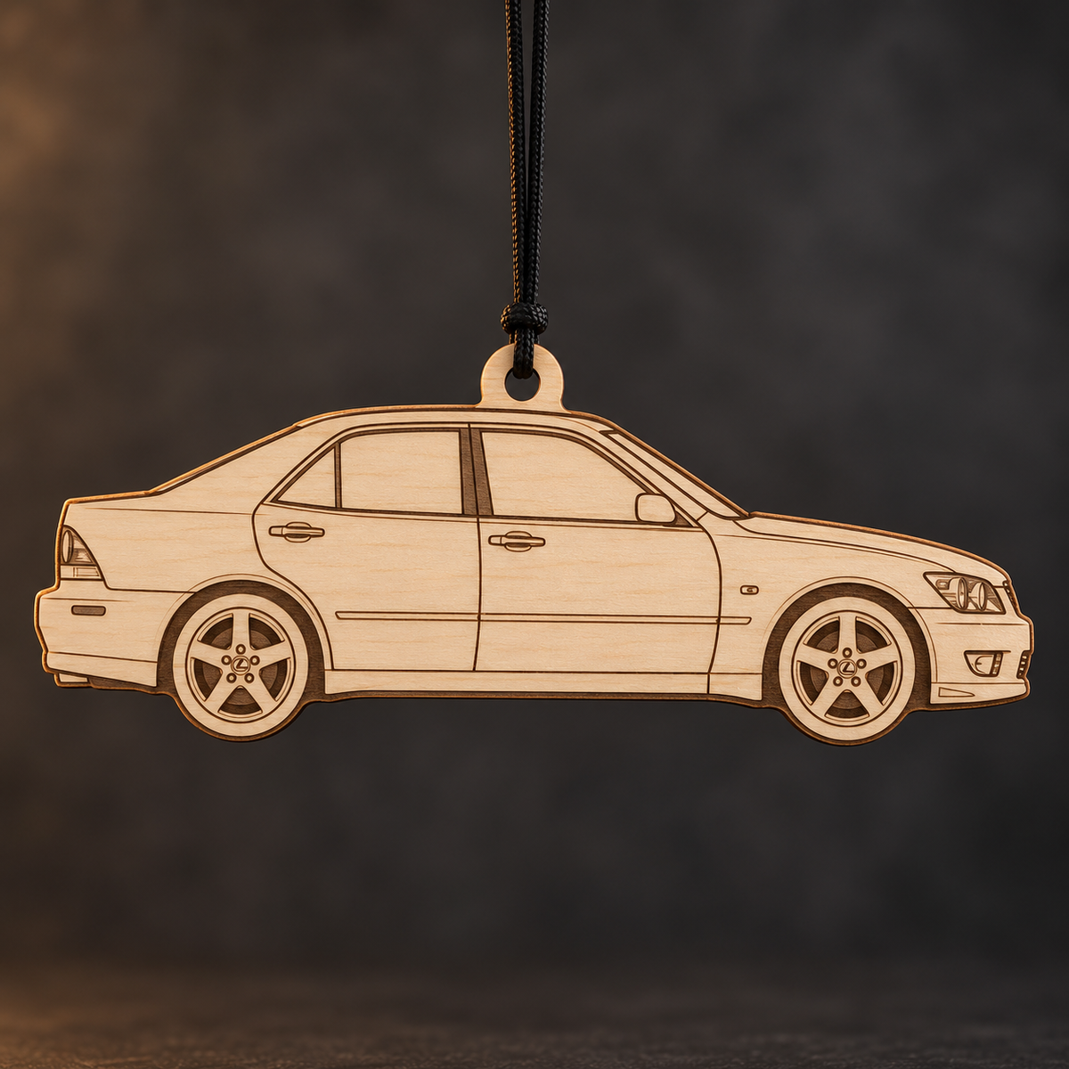 2002 Lexus IS Sedan flat Birch Ply ornament with brown laser-engraved outlines