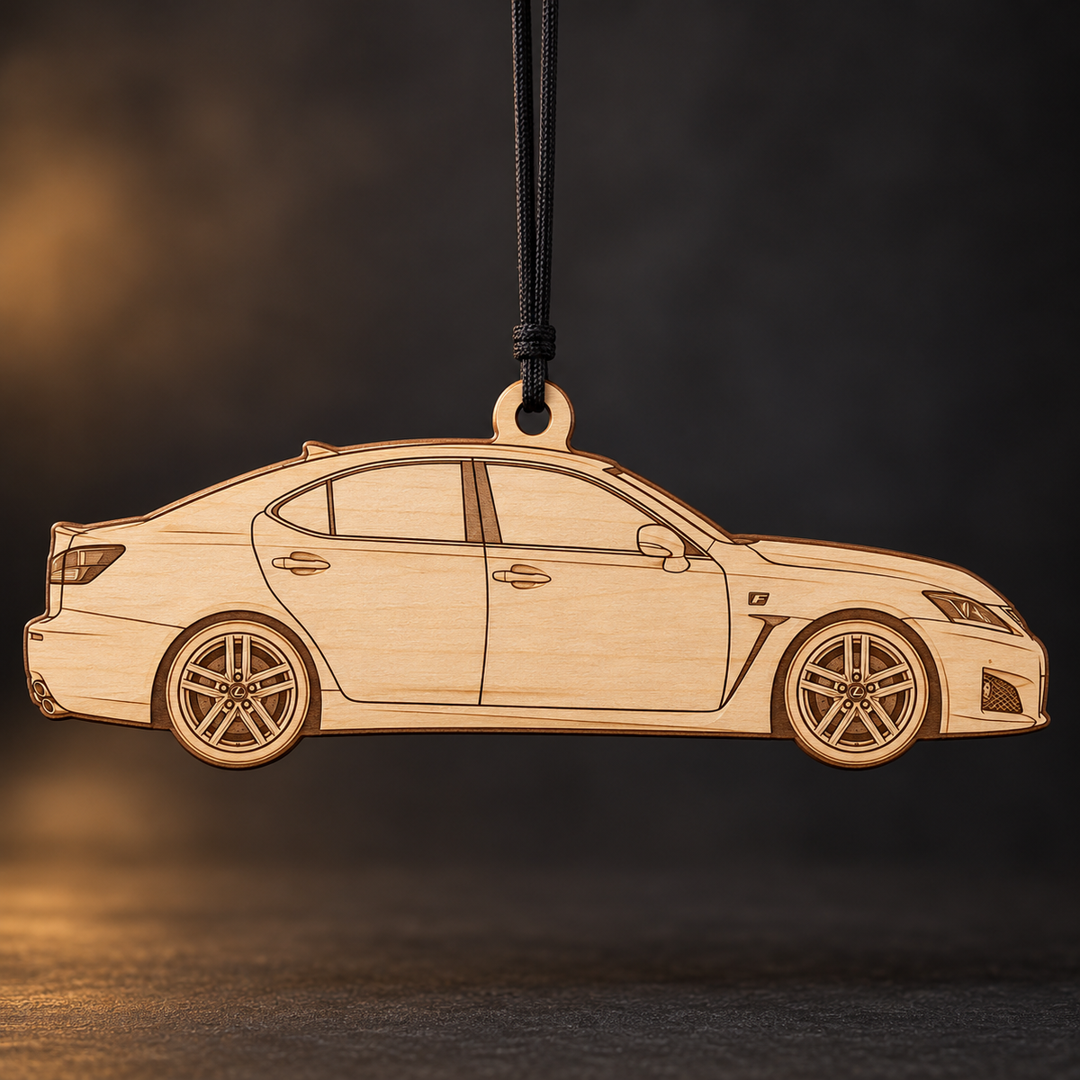 2012–2014 Lexus IS F Sedan flat Birch Ply ornament with brown laser-engraved outlines