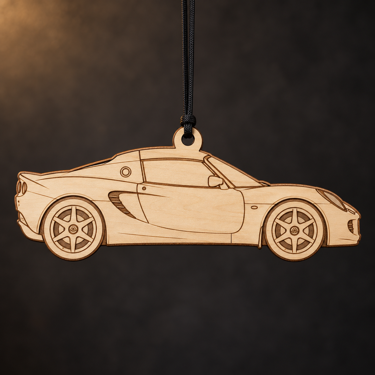 2005 Lotus Elise Roadster flat Birch Ply ornament with brown laser-engraved outlines