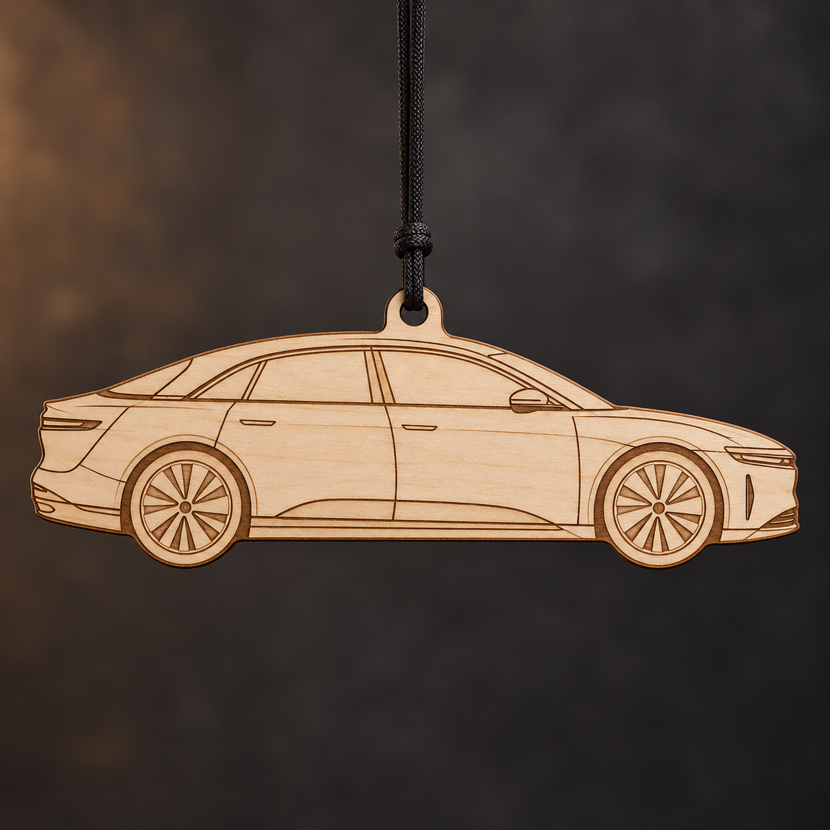 2022 Lucid Air Sedan flat Birch Ply ornament with brown laser-engraved outlines