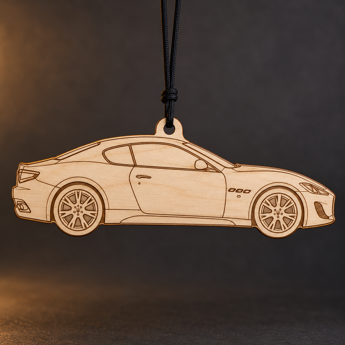2013 Maserati GranTurismo Coupe flat Birch Ply ornament with brown laser-engraved outlines
