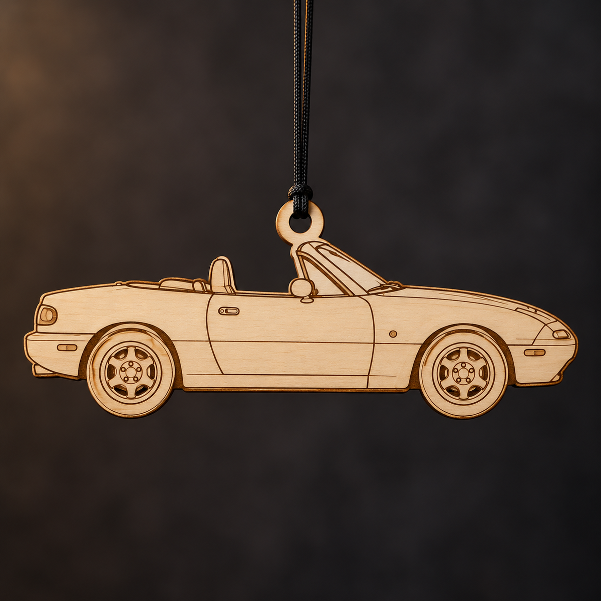 1990 Mazda MX-5 Roadster flat Birch Ply ornament with brown laser-engraved outlines