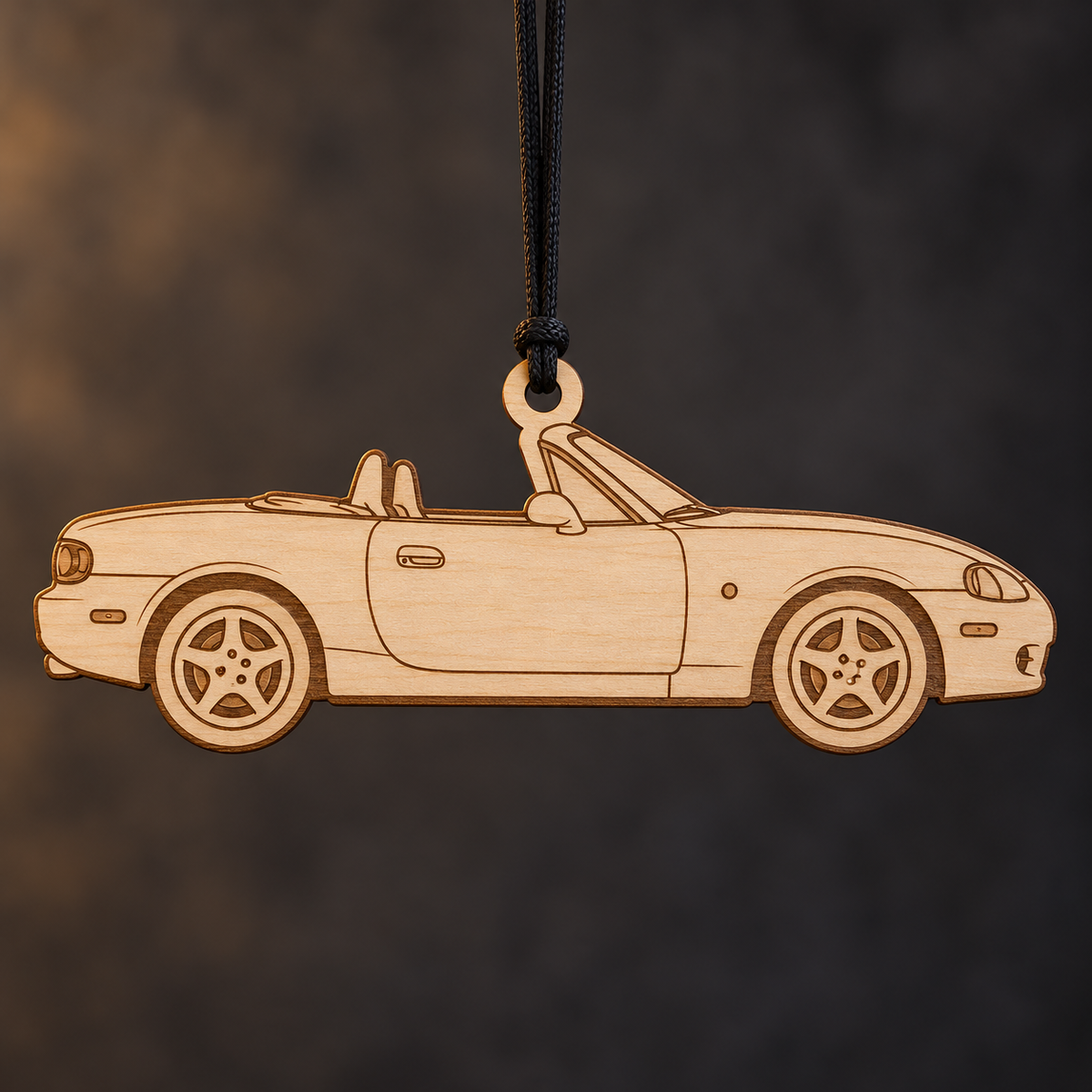 2001–2005 Mazda MX-5 Miata Roadster flat Birch Ply ornament with brown laser-engraved outlines