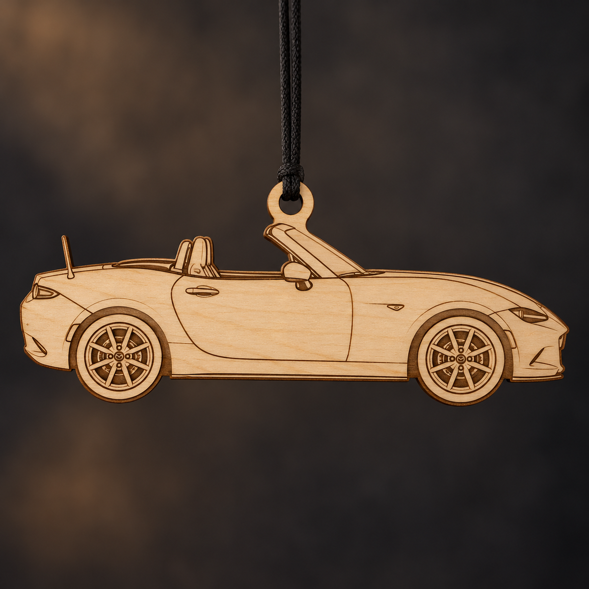 2016–2023 Mazda MX-5 Miata Roadster flat Birch Ply ornament with brown laser-engraved outlines