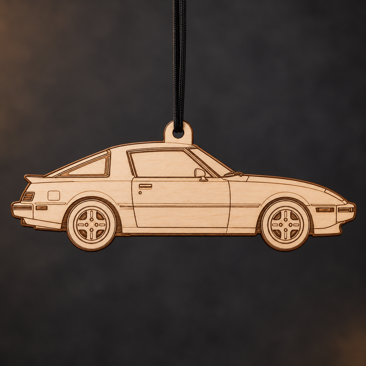 1984–1985 Mazda RX-7 GSL-SE Coupe flat Birch Ply ornament with brown laser-engraved outlines