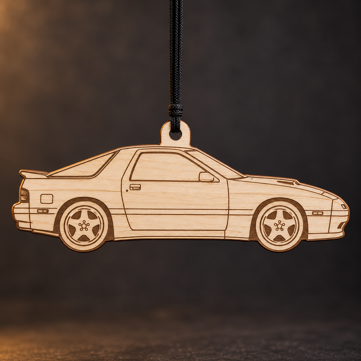 1989–1991 Mazda RX-7 Turbo II Coupe flat Birch Ply ornament with brown laser-engraved outlines