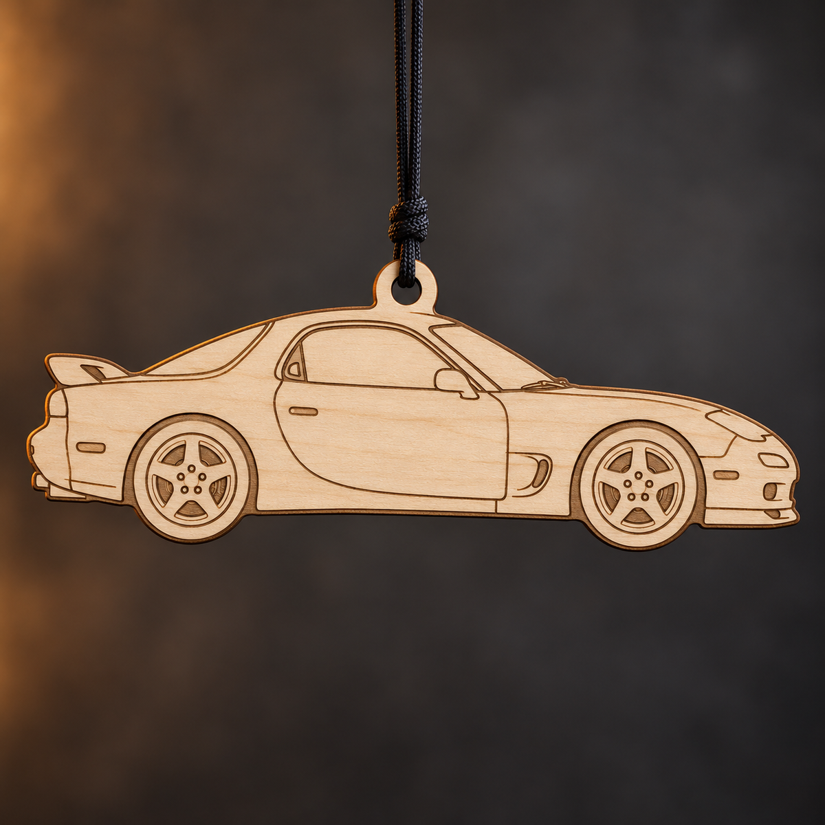 1994 Mazda RX-7 Coupe flat Birch Ply ornament with brown laser-engraved outlines