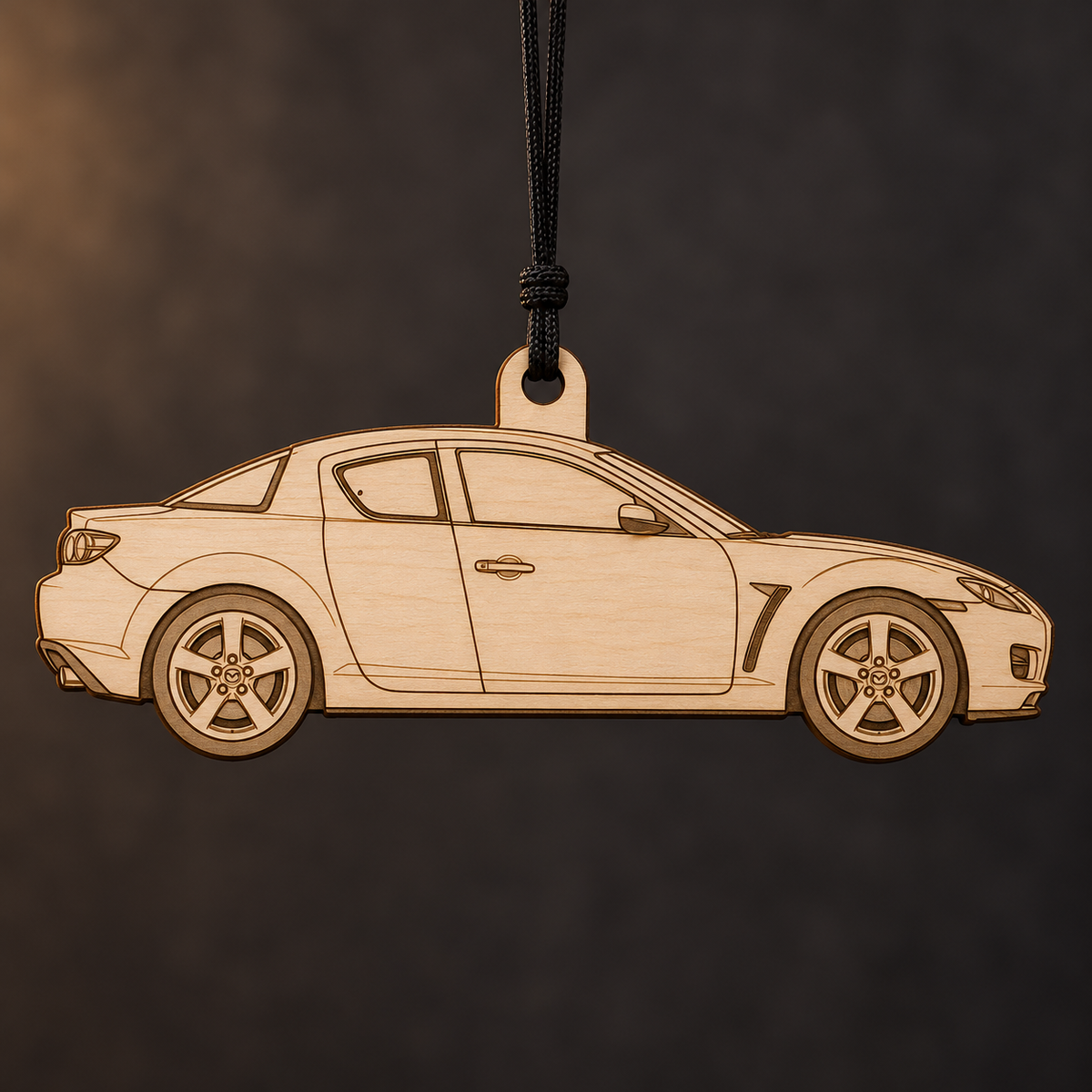 2004 Mazda RX-8 Coupe flat Birch Ply ornament with brown laser-engraved outlines