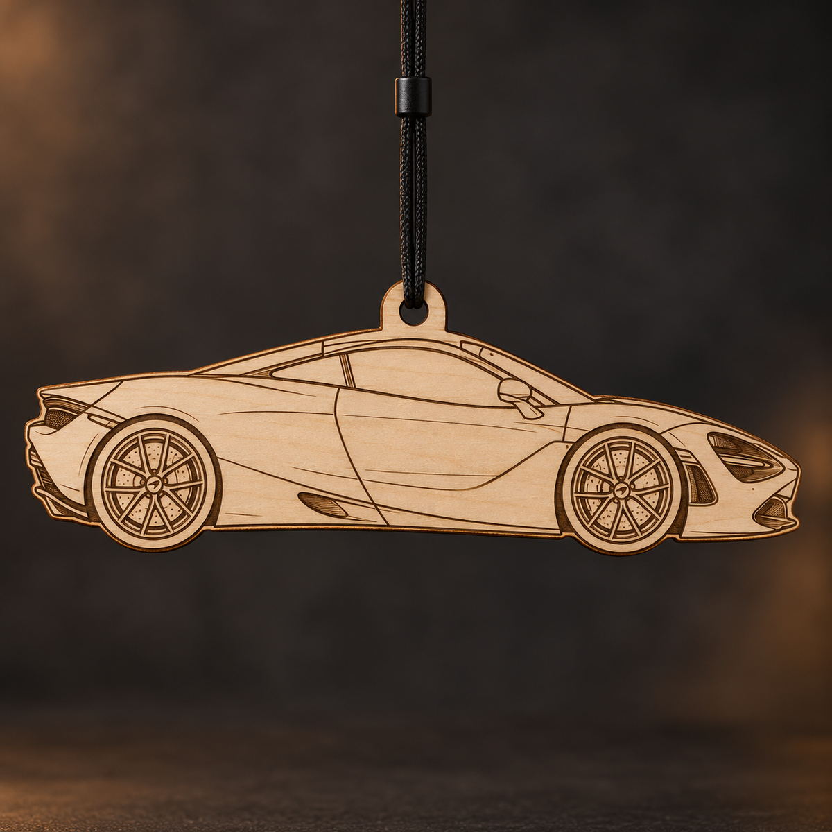 2018 McLaren 720S Coupe flat Birch Ply ornament with brown laser-engraved outlines