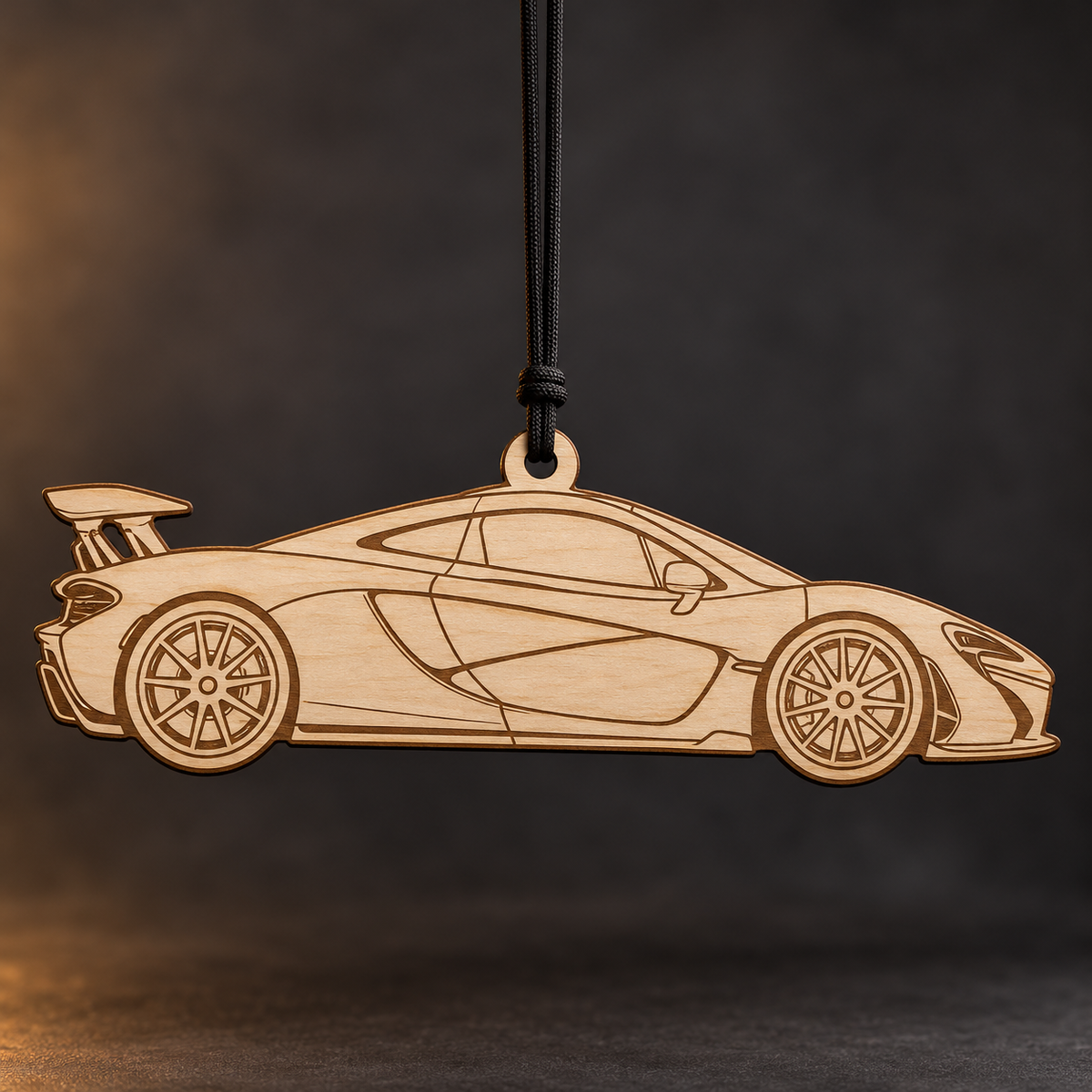 2014–2015 McLaren P1 Coupe flat Birch Ply ornament with brown laser-engraved outlines