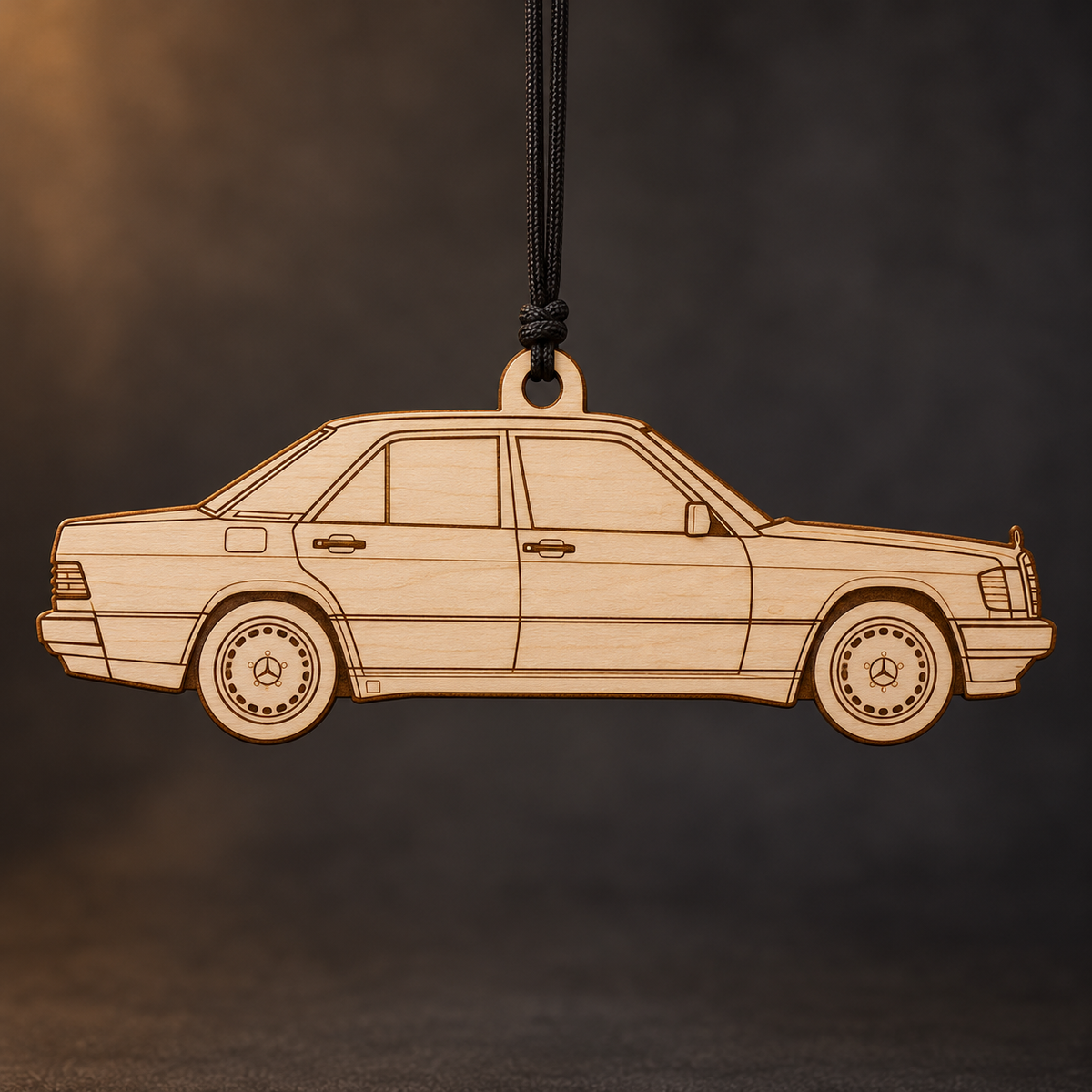 1990 Mercedes-Benz 190E Sedan flat Birch Ply ornament with brown laser-engraved outlines