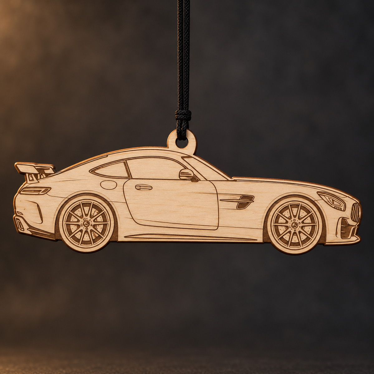 2018–2019 Mercedes-Benz AMG GT R Coupe flat Birch Ply ornament with brown laser-engraved outlines