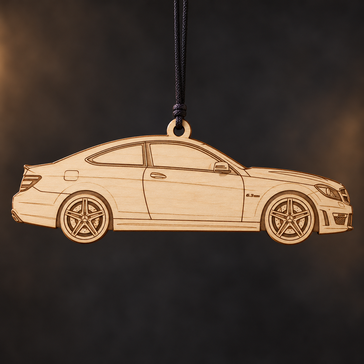 2012–2015 Mercedes-Benz C-Class C63 AMG Coupe flat Birch Ply ornament with brown laser-engraved outlines