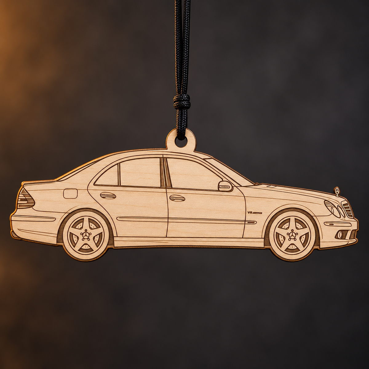 2003–2006 Mercedes-Benz E-Class E55 AMG Sedan flat Birch Ply ornament with brown laser-engraved outlines