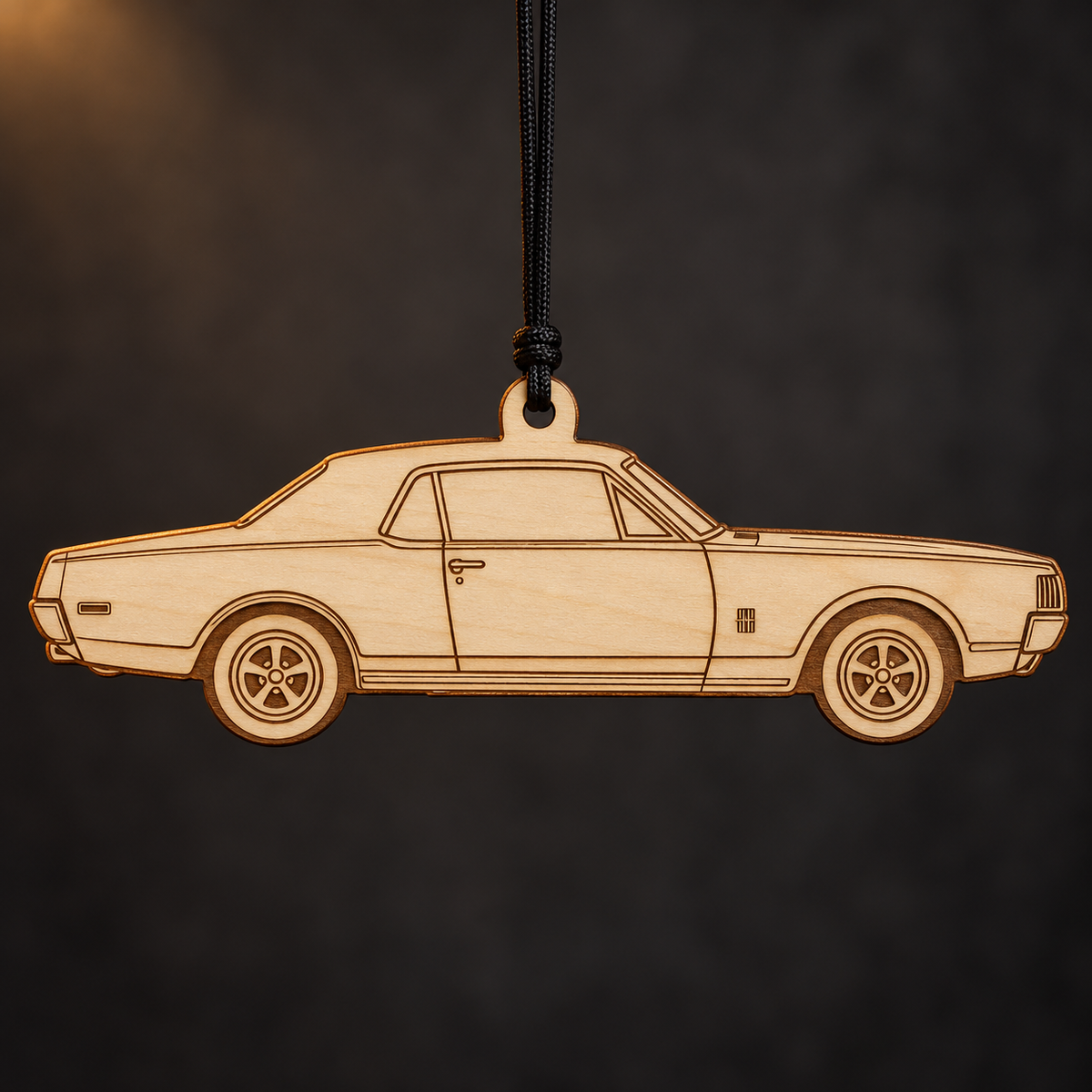 1967 Mercury Cougar Coupe flat Birch Ply ornament with brown laser-engraved outlines