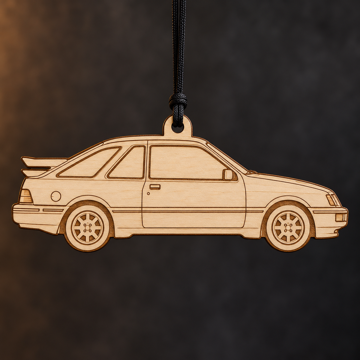 1987 Merkur XR4Ti Hatchback flat Birch Ply ornament with brown laser-engraved outlines