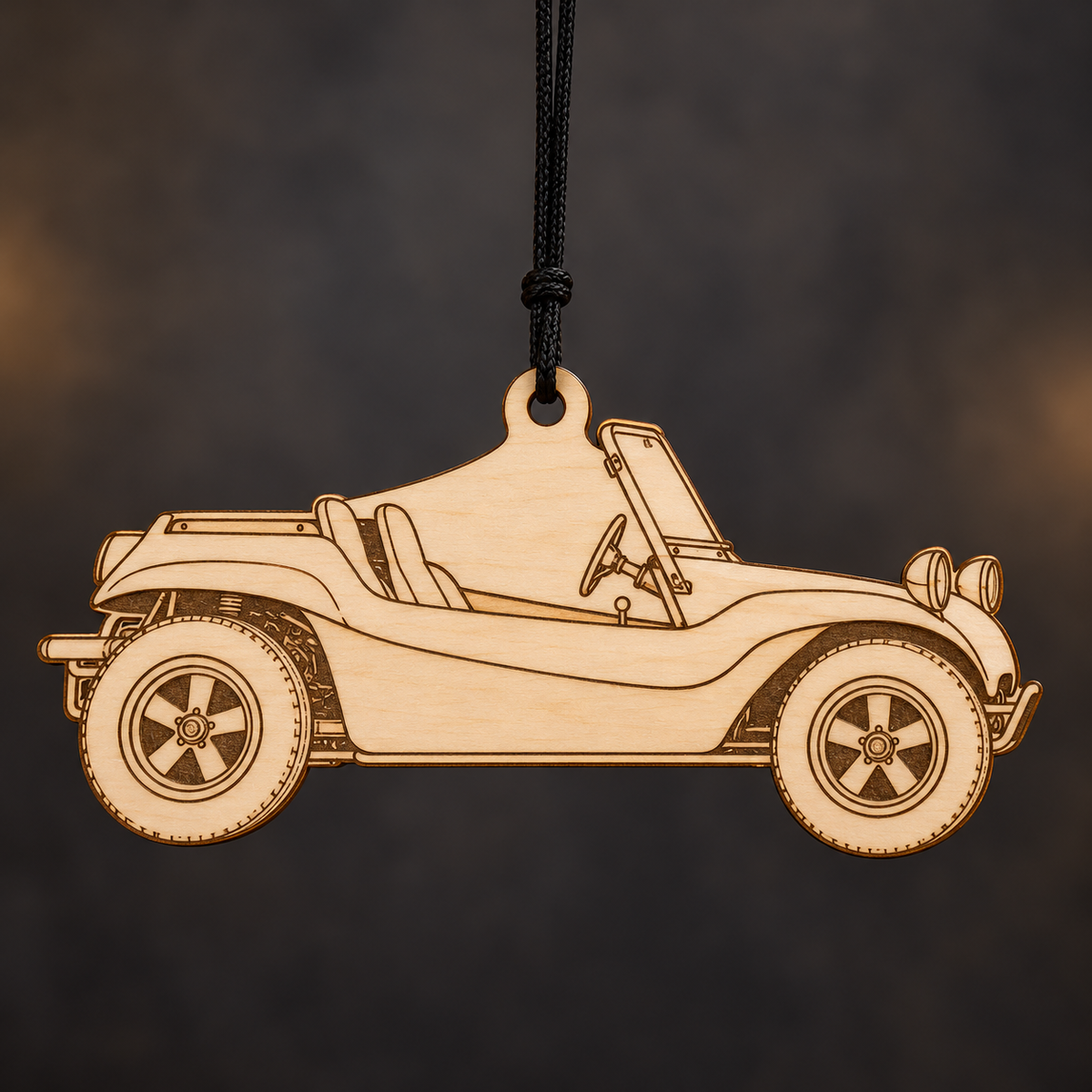 1968 Meyers Manx Buggy flat Birch Ply ornament with brown laser-engraved outlines