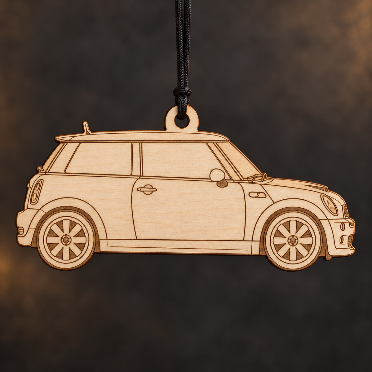2005 MINI Cooper Hatchback flat Birch Ply ornament with brown laser-engraved outlines