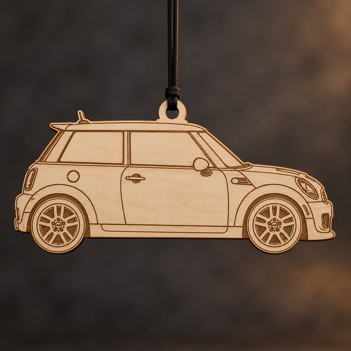 2011–2013 MINI Hardtop John Cooper Works Hatchback flat Birch Ply ornament with brown laser-engraved outlines