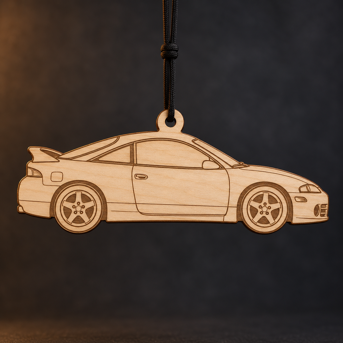 1998 Mitsubishi Eclipse Coupe flat Birch Ply ornament with brown laser-engraved outlines