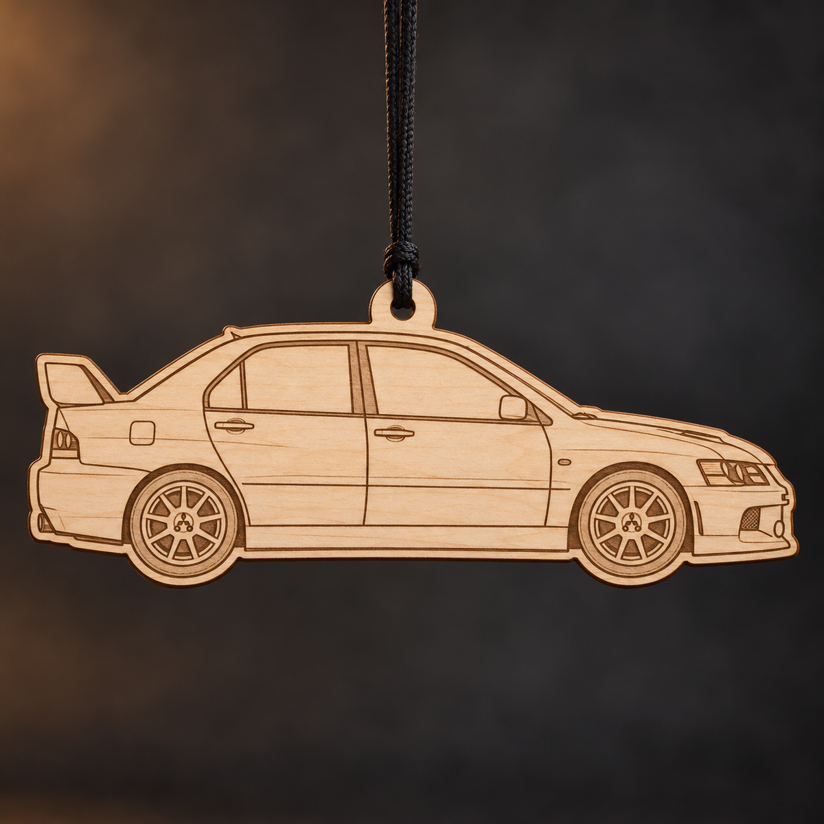 2006 Mitsubishi Lancer Sedan flat Birch Ply ornament with brown laser-engraved outlines