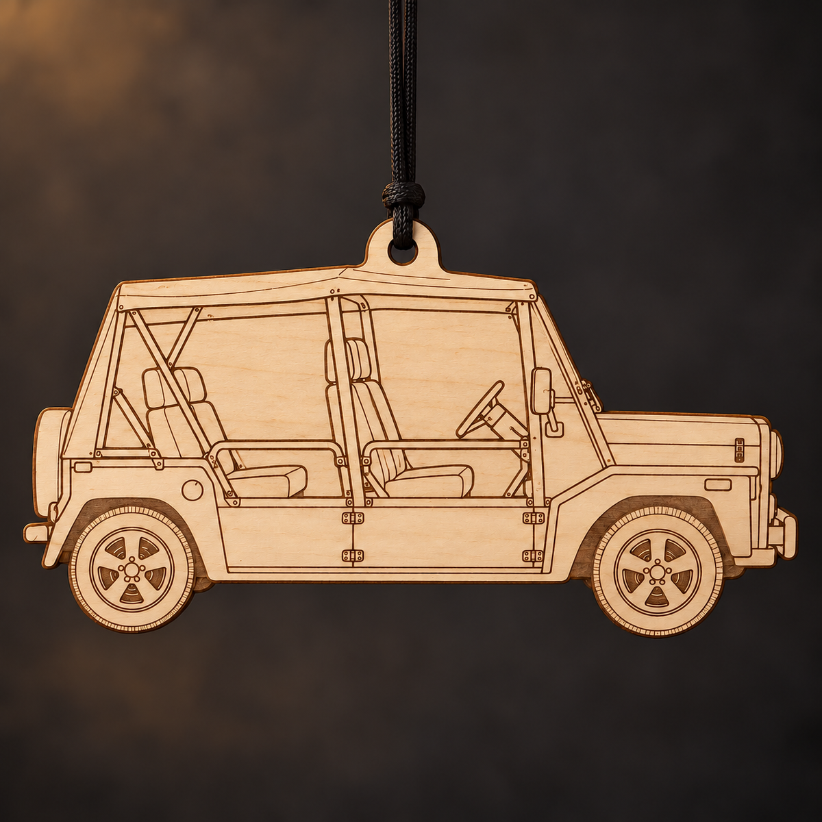 2023 Moke Electric Moke Open Utility flat Birch Ply ornament with brown laser-engraved outlines